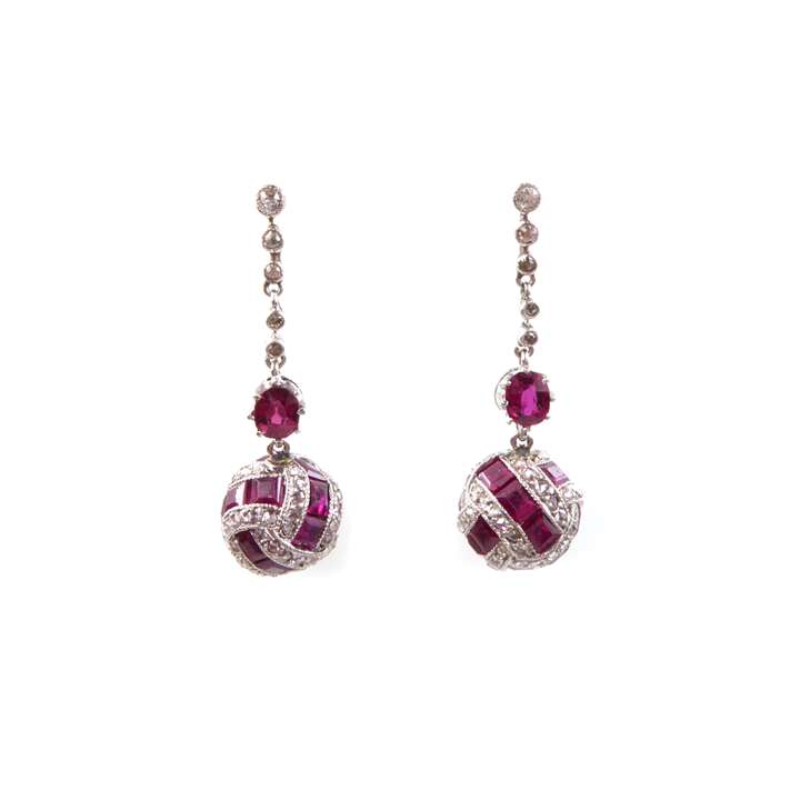 Pair of ruby and diamond ball pendant earrings